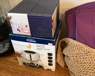 Beverage glasses and stainless steel fondue set also both new