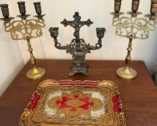 Brass Candelabras with Hand Painted Italian Tray