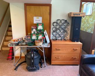 File cabinet, JM Labs bookcase speakers, shop vac