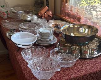 3rd floor Pressed glass bowls, silver plate punch bowl sets, depression mugs,