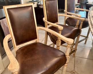 4 Kitchen Distressed Wood and Leather Arm Chairs