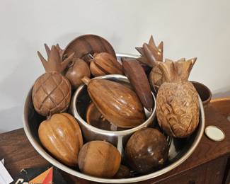 Wooden fruit, bowl included.