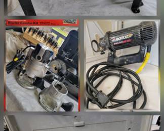 Power saws and routers
np = not pictured
*Craftsman- 10” radial arm saw
*Ryobi model BTS16 - 10” table saw
*craftsman model 315-10721 - scroller saw,Variable speed, ⅝” stroke(np)
*roto zip scs-01 type #1 - spiral saw
*craftsman 320.17543 - 2 HP variable speed router w/ assorted specialty bits
*black and decker model 537-m and #76-401 base - router/ jigsaw table w/ base
*craftsman 315-17067 - Recipro saw ,Variable speed,1 1/4” stroke(np)
*Assorted saw circular/ radial blades - 7” - 12” (np)
*Dremel 4000 -variable speed rotary tool kit w/ accessories and hard case(np)
*drill master model 90721 - 9 pc Tungsten Carbide hole saw kit in hard case(np)
*dremel multi-max - oscillating multi-tool w/ various blade attachments and hard case(np)
*Dremel velocity vc60 -oscillating multi-tool w/ various blade and tool attachments in bag