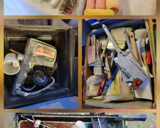Painting and plastering supplies
np = not pictured
*Lot of flooring equipment
*Lot of work gloves (np)
*Lot of paint brushes
*Lot of miscellaneous scrubbing brushes(np)
*Lot of paint thinner, dyes, acetone and chemicals(np)
*Lot of paint stirrers and brushes(np)
*Electric paint sprayer
*Lot of painters and assorted tapes(np)
*Lot of assorted caulks(np)
*Lot of paint roller extensions poles(np)
*Lot of caulk guns, stirrers and trays
*Lot of joint tape and plastering supplies(np)
*Lot of paint rollers
*Large roll of brown masking paper(np)
*Lot of clean rags(np)
*Two paint scrapers(np)