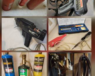 Welding, soldering and heating tools
np = not pictured
*Welding tip cleaner (np)
*Fire extinguishers
*Sears Trigger Feed Glue Gun
*Weller Soldering Gun D550
*Propane gas tanks and igniters
*Lot of small soldering tools including electric pencil engraver
*Welding propane tanks and assorted equipment
*Warrior 1500W Dual Temp Heat Gun(np)
