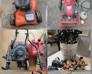 Yard Tools
np = not pictured
*Craftsman 18-inch Electric Hedge Trimmer - Model HT618
*Toro Ultra Blower Vac
*Smith Decks & More Sprayer)np)
*Lot of Weed B-Gon (8 bottles)(np)
*Gro-Well Shrub & Tree Sprayer(np)
*Two 1-gallon gas tanks(np)
*Lot of sprinklers and assorted attachments
*Yard Machines 3.5 HP Gas Lawn Edger with gas tank
*Coiled hydraulic hose(np)
*Clear flexible tubing(np)
*Craftsman Sprayer(np)
*Garden hose(np)
*Husqvarna Self-propelled Lawn Mower with gas tank
*Husky Pressure Washer
*SP Systems EcoScope Backpack Sprayer(np)
*Lot of yard tools and brooms(np)
*Lot of axes and cutting tools(np)