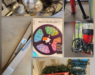 Lighting
*Lithonia Lighting strip light fixtures
*Lot of clamp lamp lights and portable floodlights
*Lot of Christmas lights
*Husky Collapsible Electric Tripod Utility Light, Model WLB3-H
*Sound Activated LED Multi-color Light Strip