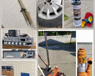 (np = not pictured*Brodie Knob-Universal steering wheel spinner knob
*Coleman 971-4-way battery terminal cleaner
High lift jack- 2 ton capacity
Multiple floor jacks- 2 ton capacity
Ratchet jack- capacity. unknown
Red and orange bottle jacks- 2 ton capacity
Plews Grease Gun G17-Wheel Bearing Lubricator
Caged work light with battery cables
Cobra 148 GTL-CB Radio
Blaupunkt Car Speakers-Model 648-050-977 Four 15W each
Ford F-150 Factory Car Radio-Model F8VF-19B132-AA
Sirius XM Onyx E Satellite Radio Receiver -Model AEZ1
Cobra DC to AC Inverter-CPI-480
2-ton bottle jack