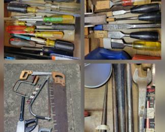 Hand Tools
np = not pictured
*Lot of sledgehammer heads
*Long-shafted flat-head 34-inch screwdriver(np)
*Lot of spud wrenches
*Lot of wire brushes(np)
*Lot of radius gauges(np)
*Lot of allen wrenches(np)
*Lot of cutting tools
*Lot of screwdrivers
*Lot of chisels and boring tools
*Sears Craftsman Rivet Gun(np)
*Crank action egg beater drills(np)
*Lot of saws
*Lot of open-ended wrenches
*Lot of mini screwdrivers(np)
*Lot of metal files
*Lot of hammers(np)
*Yankee spiral push ratchet screwdriver(np)
*Sargent heavy-duty ¼ ich hole punch(np)
*Lot of punches(np)
*Spanner wrench(np)
*Lot of tin snips
*2-piece rubber strap wrench set(np)
*Hand drill(np)
*Craftsman 5-inch swivel bench vise, Model 506-51801(np)
*Lot of ~20 hex head nut drivers(np)
*Lot of wrecking,crowbars and prying tools
*Crank action screwdrivers(np)
*Lot of pliers