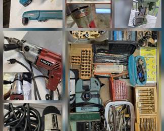 Power drills and drivers
np = not pictured
*Makita DC 1414 - 7.2-14.4v battery charger(np)
*Makita 6343D -18v cordless ½” drill/driver w/ battery
*Makita 6337D- 14.4v cordless1/2” drill/driver w/ battery
*Makita DA391D- Cordless 9.6v ⅜” chuck right angle drill w/ battery
*Milwaukee 1107-1 - Heavy Duty ½” right angle drill
*Rigid R86114- 18v brushless ½” hammer drill(np)
*Skil - ½ lTriple action, speed control trigger drill(np)
*Ingersoll-rand 8049- ½” electric impact wrench
*makita m601- corded 10mm variable speed reversible (VSR) drill(np)
*Hilti TM7C VSR- corded hammer drill ,sku 1844
*central machinery 13mm table top drill press,½ HP
*Drill Doctor - Bit sharpener and Assorted drill bits, stops and sockets
*Roto stripper- drill attachment for removing paint, rust and corrosion(np)
*Rigid R86092- 18v lithium-ion battery charger(np)