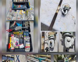 Fishing equipment
*Lot of fishing rods and reels
*Penn Special Senator fishing reel
*Penn Spinfisher 705 reel
*Olympic ES-1 freshwater spinning reel and rod
*Airex Bache Brown Spinster spinning reel and rod
*Silstar Triple 9 Graphite Composite fishing rod, Model 999F-100BWS
*Abu Garcia Cardinal 700 series spinning reel and rod
*Abu Garcia Ambassadeur 6501C3 baitcast fishing reel and Berkley Graphite Composite rod
*Zebco 202 Spincast Reel and rod
*Fenwick fishing rod
*Garcia 280 spinning reel and rod
*Pann Senator 112H saltwater reel and rod
*Penn No. 49 Super Mariner deep sea fishing reel and rod
*Two tackle boxes with weights, hooks, lures and other accessories
*Olympic Spark 200 Fishing reel and rod for freshwater fishing