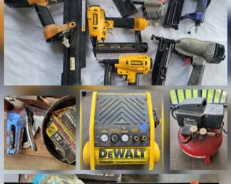 Power nailers, compressors, staplers
*Sears Craftsman Power Hammer Model #1231.3817
*Two staple guns and staples
*Dewalt D51236 1 ¼” Nail Gun
*Central Pneumatic Air Nailer/Stapler Item 40116
*Porter Cable air compressor,Model CFFN 250B
*DeWalt Heavy Duty Hand Carry Compressor ,Model D55141
*Porter Cable Finish Nailer FN250B
*Bostitch Framing Maker ,Model N88WWB
*Porter Cable Bammer Nailer,Model CDA250