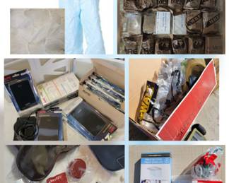 Emergency/safety supplies
np = not pictured
*Protective face shields and masks
*Lot of safety glasses
*Lot of APC Power Pack Portable Chargers
*Lot of Delta Airlines Amenities Kit
*Bouffant white caps - 700 count
*2 boxes of MREs - 12 meals in each box
*Custom sewn face masks(np)
*Paper Tyvek Coveralls, lot of 25