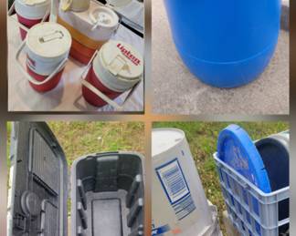 Storage equipment
np = not pictured
*Lot of 4 - 5gal buckets and lids
*15-gallon barrel with lid
*Lot of plastic and styrofoam coolers
*Lot of thermoses
*Contico SUV Tuff Bin #3514bk- 20gal, Locking
*Lot of tool belts and bags(np)
*Reliance 5 gallon water jug with spout(np)