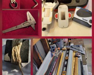 Measuring Tools
*Lot of levels and rulers, squares, triangles
*Steel plumb bob
*Bushnell Pivot Point Laser, Model 82897 and Craftsman Mounting Base & glasses, Model 48251
*Lot of caliber tools
