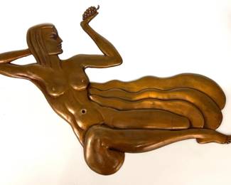 Streamline style heavy bronze plaque of a reclining, nude female holding grapes; 30/25"W x 20"H