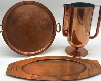 Norman Bel Geddes Baron pitcher, Arts and Crafts copper trays
