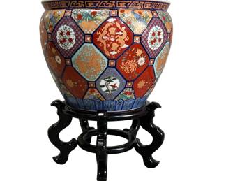 Polychrome decorated jardiniere on stand by Gumps