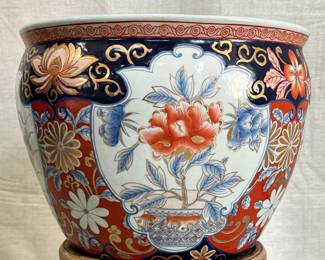 Polychrome decorated jardiniere on stand