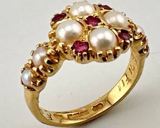 Antique 14kt pearl, garnet ring