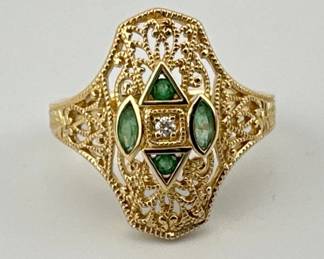 14kt natural emerald, diamond ring