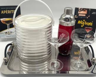 Waterford Marquis tray, coupes, shaker, ice bucket