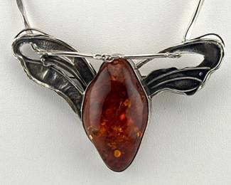 Sterling amber brooch/pendant necklace