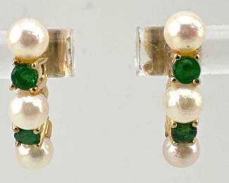 14kt natural emerald, pearl earrings