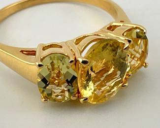 Size 9.5 three stone Orvo Verde, lemon quartz ring set in marked 14kt;