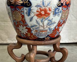 Polychrome decorated jardiniere on stand
