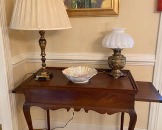Small dark Cherry table with pull-out shelf, made in Hampton