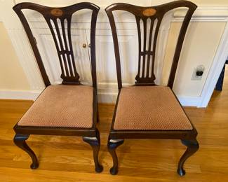 Old, not reproduction, Queen Anne dining chairs with inlay and upholstered drop seats, set of four
