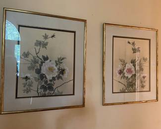 Roses on silk, matted and framed, 22 3/4” x 19”
