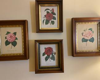 Antique Burkes wood frames with floral prints, larger frames 14 1/2” x 17”, smaller frames 14” x 12”
