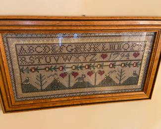 Reproduction needlepoint sampler from Gorsach, 17” x 10”
