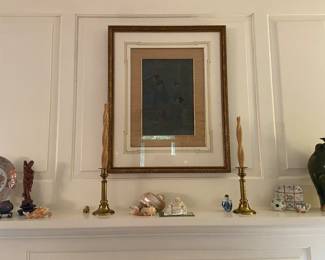 Antique Art framed by Trimble, double matted with rice paper and gold French lines painted on the mat