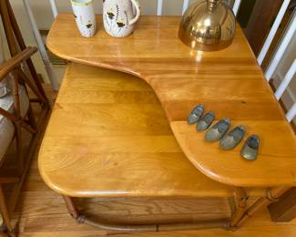 Mid-Century Modern Heywood Wakefield #50025 solid maple with rattan tiered corner table, 29” x 29” x 21”