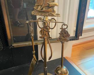 Vintage brass five-piece fireplace tool set, 18” tall, purchased at Brill’s Antiques in 1988