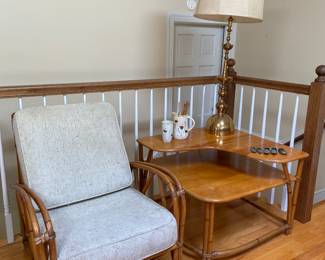 Heywood Wakefield 50025 vintage solid maple with rattan corner table, 29” x 29” x 21”, and “Pretzel” chair