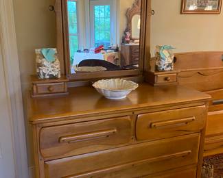 Mid-Century Modern maple dresser with mirror and bed frame by Huntley Furniture