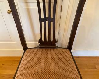 Old, not reproduction, Queen Anne dining chairs with inlay and upholstered drop seats, set of four