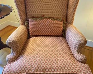 One of two wing back chairs, upholstered in Newport News