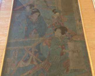 Antique Art framed by Trimble, double matted with rice paper and gold French lines painted on the mat