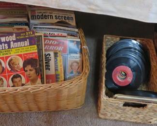 Vintage movie/radio magazines - some featuring Elvis and Marilyn Monroe, records - Beatles, Elvis