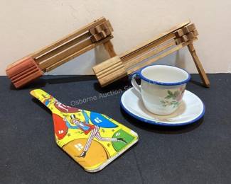Vintage toy noise makers & metal tea cup