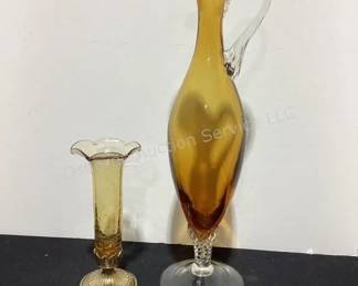Amber crackle glass vase & Amber glass pitcher