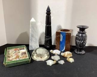 Stone turtles, rock specimens, obelisk & more