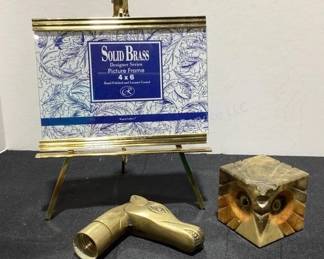 Brass frame, cane topper, stone owl paperweight