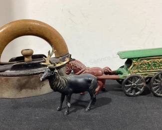 Cast iron horse & wagon, metal deer, vintage iron
