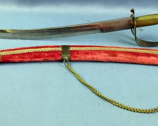 Sword Made In India With Embossed Blade, Brass Guard And Grip, And 'Deg Tegh Fateh' Written On Blade (Victory To Charity And Arms In Punjabi), 30.5" Blade, In Scabbard